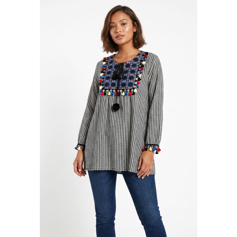 Velzera Embroidered Boho Tunic Top Tassel Detail Black White 1XL Coins Boho
